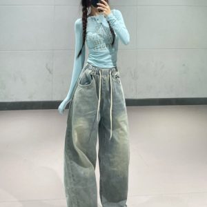 Light Blue High-Waisted Elastic K-Pop Jazz Dance Top with Thin Long Pants for Women - Stylish Korean Style Dancewear
