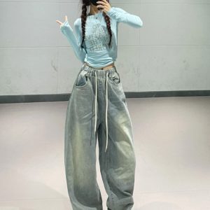 Light Blue High-Waisted Elastic K-Pop Jazz Dance Top with Thin Long Pants for Women - Stylish Korean Style Dancewear