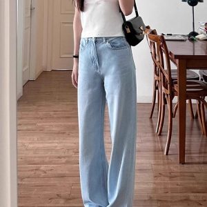 Light Blue High-Waisted Loose Fit Denim Pants for Women, Summer Slimming Ice Silk Straight-Leg Trousers, Casual Style