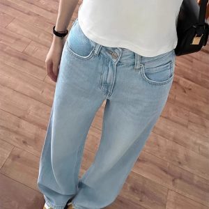 Light Blue High-Waisted Loose Wide-Leg Tencel Denim Pants for Women - Summer Straight Leg Trousers in Thin Ice Silk Style