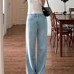 Light Blue High-Waisted Loose Wide-Leg Tencel Denim Pants for Women - Summer Straight Leg Trousers in Thin Ice Silk Style