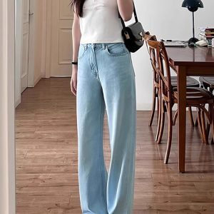 Light Blue High-Waisted Loose Wide-Leg Tencel Denim Pants for Women - Summer Straight Leg Trousers in Thin Ice Silk Style