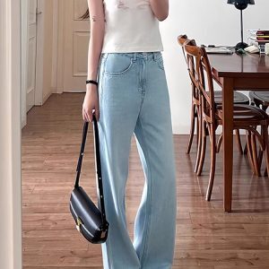 Light Blue High-Waisted Loose Wide-Leg Tencel Denim Pants for Women - Summer Straight Leg Trousers in Thin Ice Silk Style