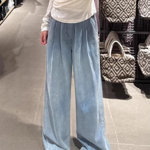 Light Blue High-Waisted Tencel Denim Pants for Women, Summer Slimming Loose Fit Wide-Leg Trousers, Lightweight Pleated Style
