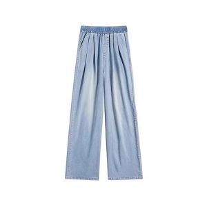 Light Blue High-Waisted Tencel Denim Pants for Women, Summer Slimming Loose Fit Wide-Leg Trousers, Lightweight Pleated Style