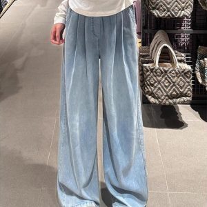 Light Blue High-Waisted Tencel Denim Pants for Women, Summer Slimming Loose Fit Wide-Leg Trousers, Lightweight Pleated Style