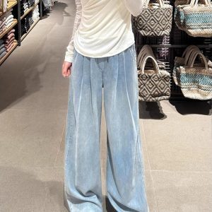 Light Blue High-Waisted Tencel Denim Pants for Women, Summer Slimming Loose Fit Wide-Leg Trousers, Lightweight Pleated Style