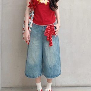 Light Blue High-Waisted Wide-Leg Denim Capri Pants for Women - Vintage Slimming Loose Fit Summer Style
