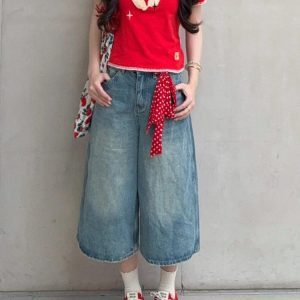 Light Blue High-Waisted Wide-Leg Denim Capri Pants for Women - Vintage Slimming Loose Fit Summer Style