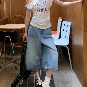 Light Blue High-Waisted Wide-Leg Denim Capri Shorts for Women - Vintage Loose Summer Pants, Versatile Slimming Fit, Mid-Length Style