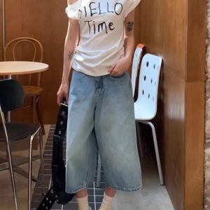 Light Blue High-Waisted Wide-Leg Denim Capri Shorts for Women - Vintage Loose Summer Pants, Versatile Slimming Fit, Mid-Length Style