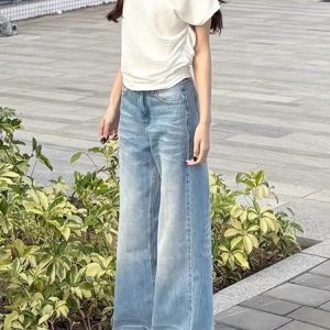 Light Blue High-Waisted Wide-Leg Jeans for Women - Retro Loose-Fitting Summer Straight-Leg Pants, Versatile American Style