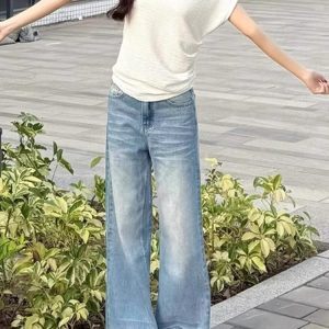 Light Blue High-Waisted Wide-Leg Jeans for Women - Retro Loose-Fitting Summer Straight-Leg Pants, Versatile American Style