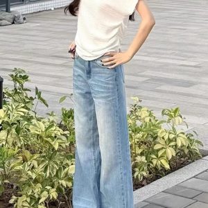 Light Blue High-Waisted Wide-Leg Jeans for Women - Retro Loose-Fitting Summer Straight-Leg Pants, Versatile American Style
