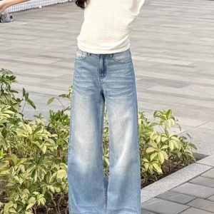 Light Blue High-Waisted Wide-Leg Jeans for Women - Retro Loose-Fitting Summer Straight-Leg Pants, Versatile American Style