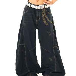 Light Blue Leopard Print Spliced Wide-Leg Jeans - Vintage Inspired, Casual Chic, Perfect for 90s and Y2K Style Lovers