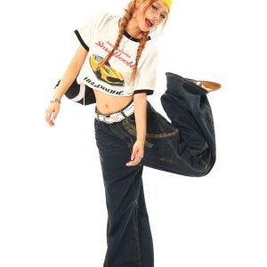 Light Blue Leopard Print Spliced Wide-Leg Jeans - Vintage Inspired, Casual Chic, Perfect for 90s and Y2K Style Lovers