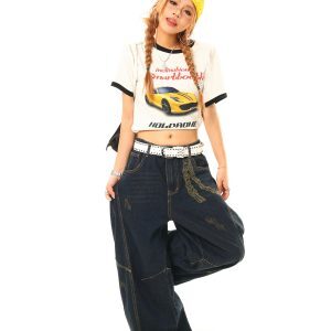 Light Blue Leopard Print Spliced Wide-Leg Jeans - Vintage Inspired, Casual Chic, Perfect for 90s and Y2K Style Lovers