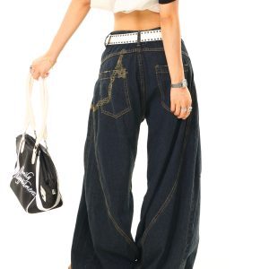 Light Blue Leopard Print Spliced Wide-Leg Jeans - Vintage Inspired, Casual Chic, Perfect for 90s and Y2K Style Lovers
