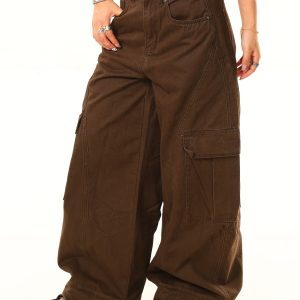 Light Blue Multi-Pocket Wide-Leg Denim Pants - Vintage American Workwear Style, Perfect for Casual 90s and Y2K Outfits
