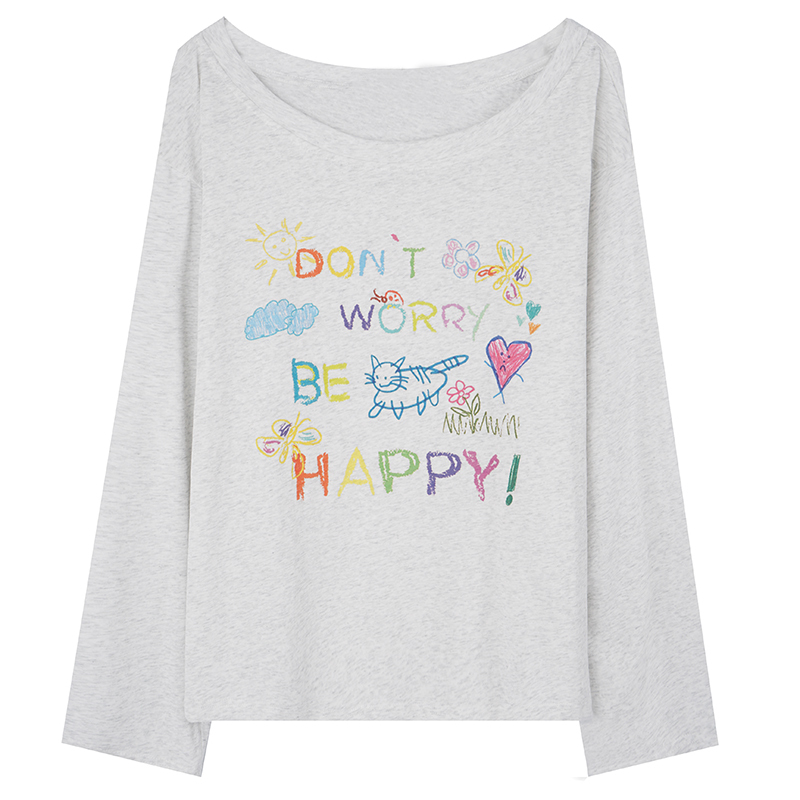 Light Blue Off-Shoulder Long Sleeve Cover-Up T-Shirt with Fun Cartoon Graffiti - American Style, Perfect for Casual Y2K Looks