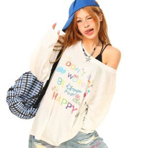 Light Blue Off-Shoulder Long Sleeve Cover-Up T-Shirt with Fun Cartoon Graffiti - American Style, Perfect for Casual Y2K Looks