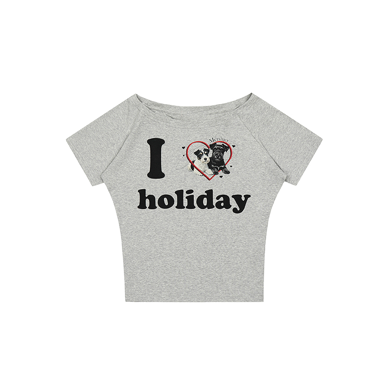 Light Blue Off-Shoulder Short Sleeve T-Shirt with American Vintage Dog Heart Letter Design - Limited Time Buy 2 Get 1 Free