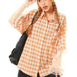 Light Blue Plaid Loose Short Sleeve Shirt with Lace Spliced Detail - Vintage Inspired Fashion, Perfect for 90s and Y2K Styles