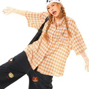 Light Blue Plaid Loose Short Sleeve Shirt with Lace Spliced Detail - Vintage Inspired Fashion, Perfect for 90s and Y2K Styles