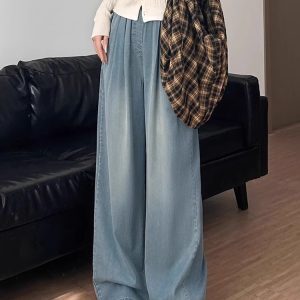 Light Blue Pleated Tencel Denim Pants for Women - Summer High-Waisted Loose Fit Slimming Straight-Leg Trousers, Cool Ice Silk Feel