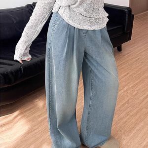Light Blue Pleated Tencel Denim Pants for Women - Summer High-Waisted Loose Fit Slimming Straight-Leg Trousers, Cool Ice Silk Feel