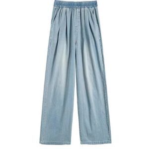 Light Blue Pleated Tencel Denim Pants for Women - Summer High-Waisted Loose Fit Slimming Straight-Leg Trousers, Cool Ice Silk Feel