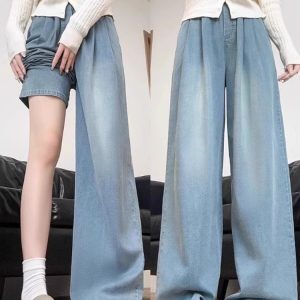 Light Blue Pleated Tencel Denim Pants for Women - Summer High-Waisted Loose Fit Slimming Straight-Leg Trousers, Cool Ice Silk Feel