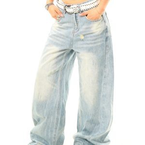 Light Blue Ripped Fleece-Washed Wide-Leg Jeans - Vintage Style, Loose Fit, 90s Inspired, Buy 2 Get 1 Free Limited Time Offer