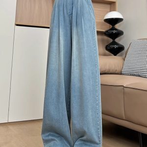 Light Blue Sky High-Waisted Wide-Leg Jeans for Women - Summer Loose-Fitting Ice Silk Straight Pants, Slimming Drape Style