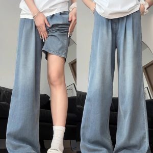 Light Blue Sky High-Waisted Wide-Leg Jeans for Women - Summer Loose-Fitting Ice Silk Straight Pants, Slimming Drape Style