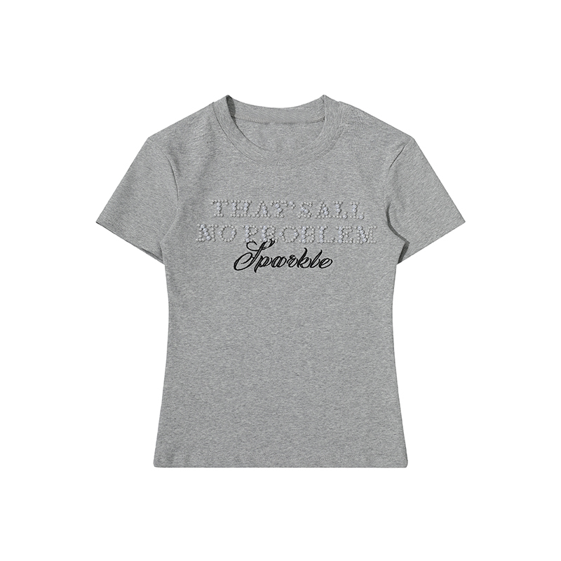 Light Blue Vintage Beaded Letter Slim Fit Short T-Shirt - 90s Inspired Style, Limited Time Buy 2 Get 1 Free Offer