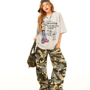 Light Blue Vintage Camouflage Loose Wide-Leg Work Pants - 90s Inspired, Limited Time Buy 2 Get 1 Free Offer