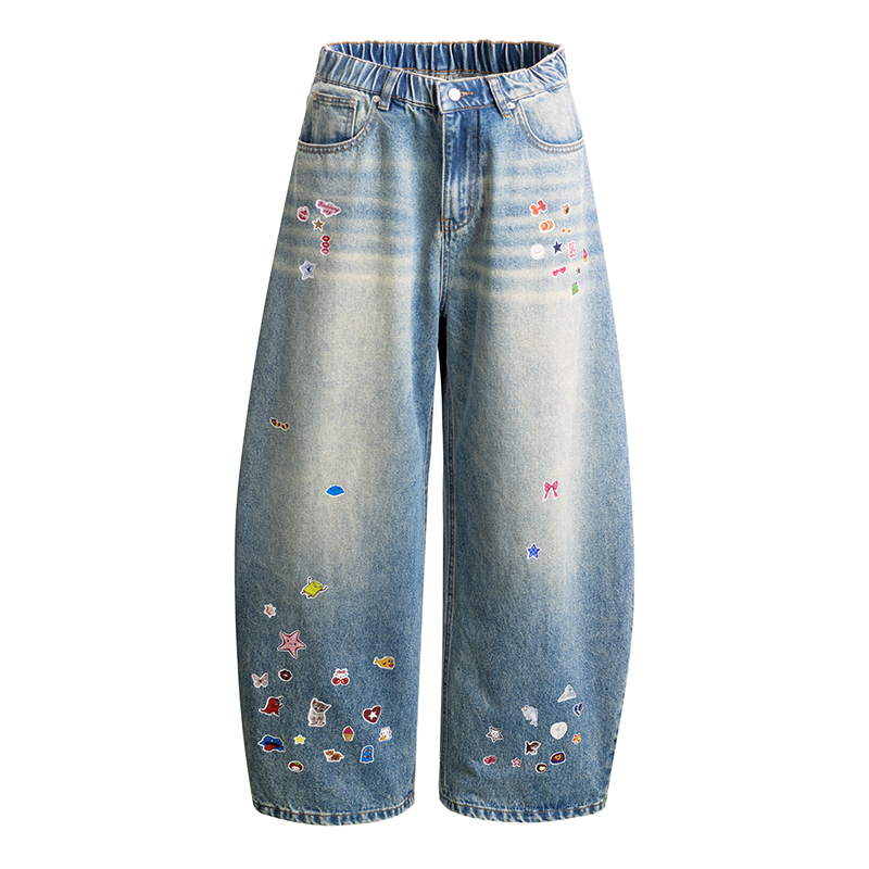 Light Blue Vintage Cartoon Sticker Elastic Curved Knife Jeans - Y2K Style, Buy 2 Get 1 Free, Trendy 90s Fashion Bottoms