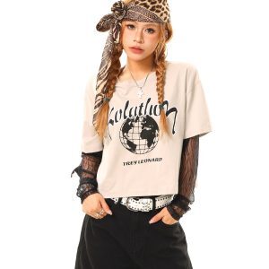 Light Blue Vintage Distressed Lace Splicing Cover-up T-shirt - Buy 2 Get 1 Free, Perfect for 90s Y2K Style Fashion