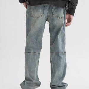 Light Blue Vintage Distressed Straight-Leg Jeans with Holes – Retro American High Street Style, Trendy Y2K Long Pants