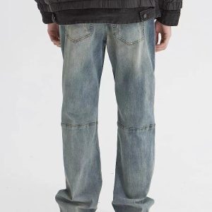 Light Blue Vintage Distressed Straight-Leg Jeans with Holes – Retro American High Street Style, Trendy Y2K Long Pants