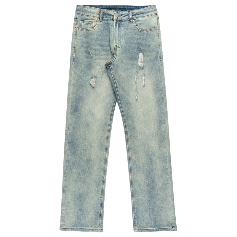 Light Blue Vintage Distressed Straight-Leg Jeans with Holes – Retro American High Street Style, Trendy Y2K Long Pants
