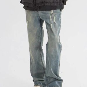 Light Blue Vintage Distressed Straight-Leg Jeans with Holes – Retro American High Street Style, Trendy Y2K Long Pants