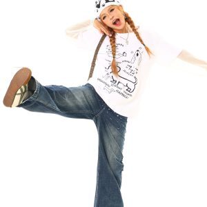 Light Blue Vintage Fun Dog Print Fake Two-Piece Pullover T-Shirt - Limited Time Offer, Buy 2 Get 1 Free, Y2K Style
