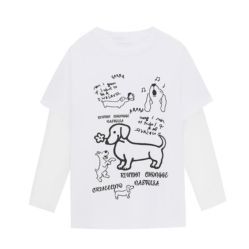 Light Blue Vintage Fun Dog Print Fake Two-Piece Pullover T-Shirt - Limited Time Offer, Buy 2 Get 1 Free, Y2K Style