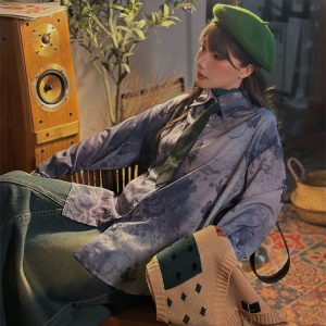 Light Blue Vintage Gradient Long Sleeve Loose Shirt for Women - Mid-Length Style for Autumn 2024, Perfect for Y2K Fashion