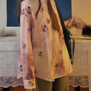 Light Blue Vintage Gradient Long Sleeve Loose Shirt for Women - Mid-Length Style for Autumn 2024, Perfect for Y2K Fashion