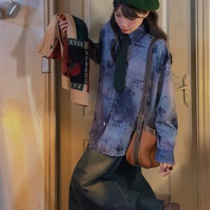 Light Blue Vintage Gradient Long Sleeve Loose Shirt for Women - Mid-Length Style for Autumn 2024, Perfect for Y2K Fashion