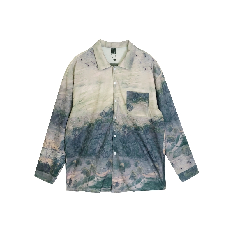 Light Blue Vintage Gradient Long Sleeve Loose Shirt for Women - Mid-Length Style for Autumn 2024, Perfect for Y2K Fashion